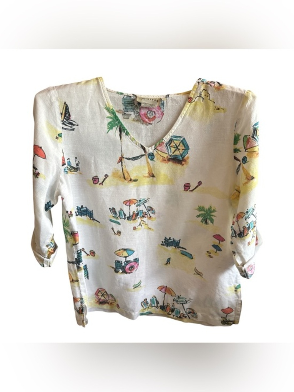 Orchard is Casuals Cream Beach Print V-Neck Top Linen Cotton Blend Made in USA